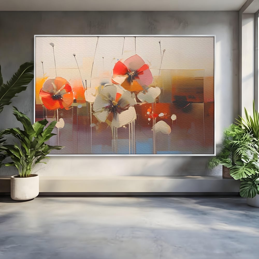 Tablou canvas cu tablou canvas cu pictura florala abstracta, in rama de aluminiu argintiu